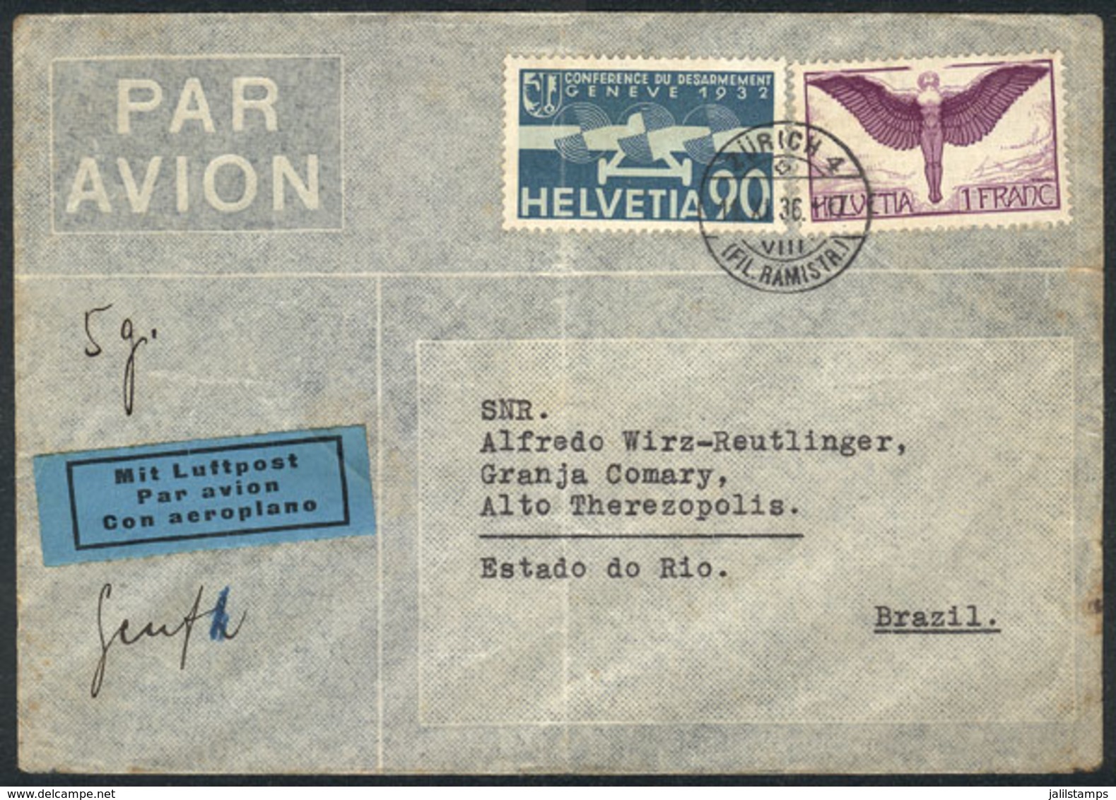 SWITZERLAND: Airmail Cover Sent From Zürich To Brazil On 11/NO/1936 Franked With 1.90Fr., Minor Defect, Very Good Appear - ...-1845 Préphilatélie