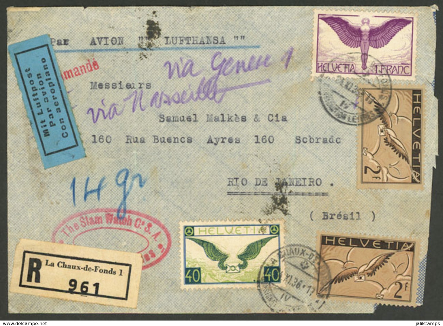 SWITZERLAND: 24/NO/1936 La Chaux-de-Fonds - Rio De Janeiro: Registered Airmail Cover Franked With 5.40Fr., With Some Def - ...-1845 Préphilatélie