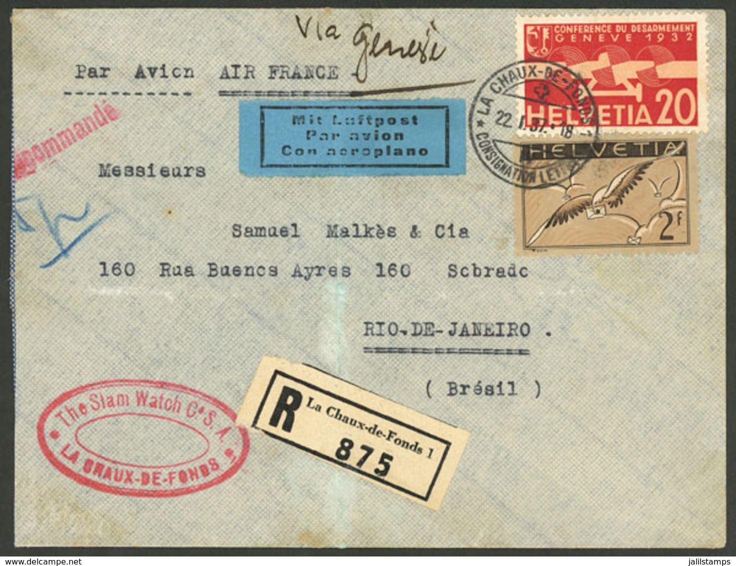 SWITZERLAND: 22/JA/1937 La Chaux-de-Fonds - Rio De Janeiro: Registered Airmail Cover Franked With 2.20Fr., Very Nice! - ...-1845 Prefilatelia