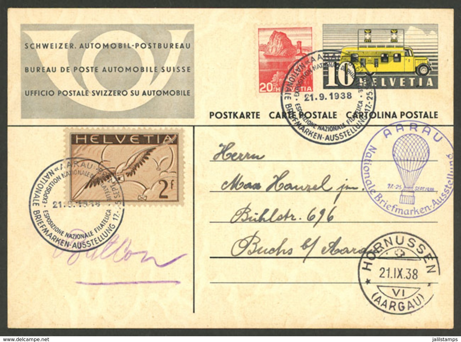 SWITZERLAND: 21/SE/1938 Special Balloon Flight, Postal Card With Postmark Of The National Stamp Exhibition, VF Quality! - ...-1845 Préphilatélie