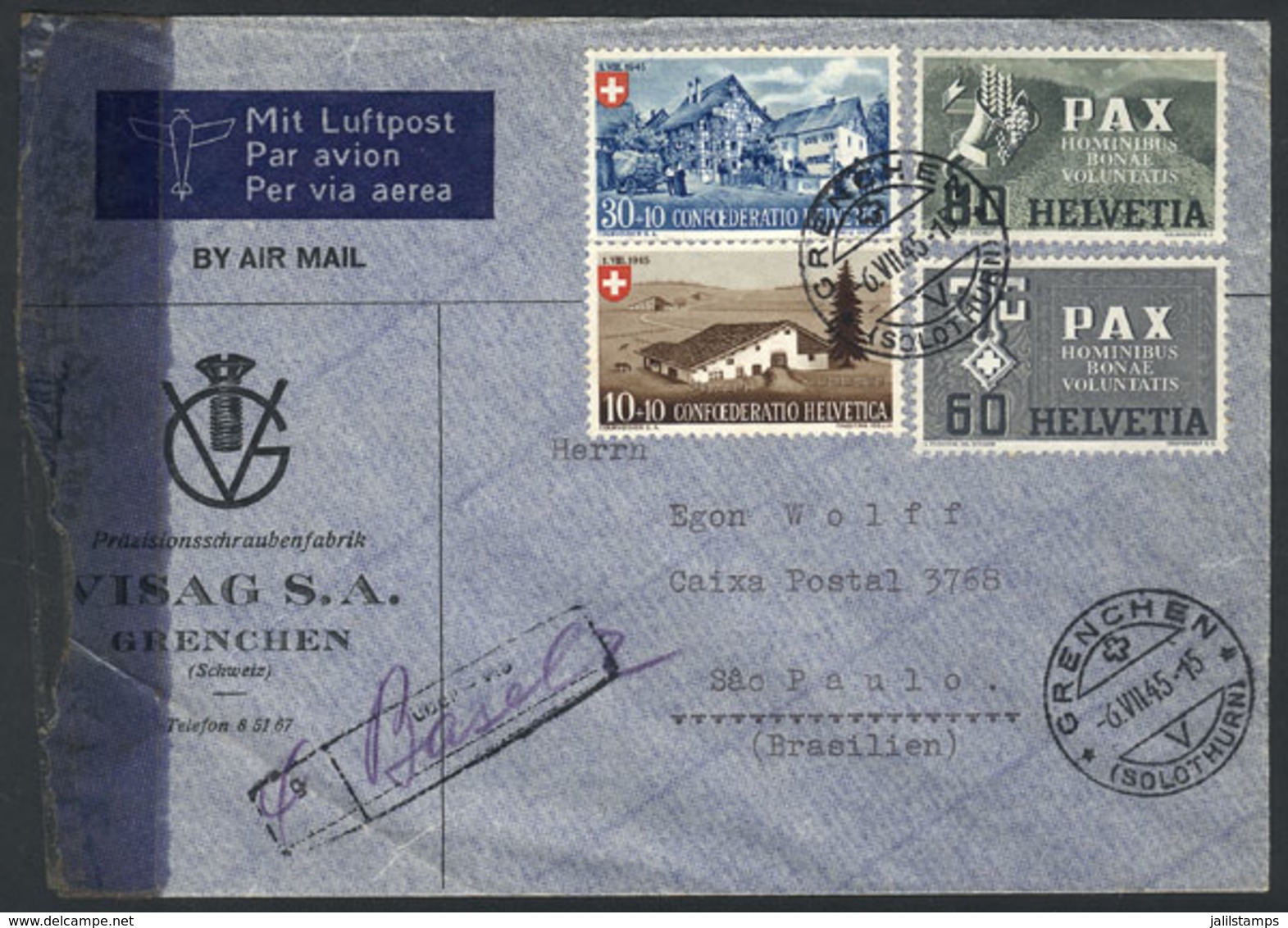 SWITZERLAND: Airmail Cover Sent From Grenchen To Brazil On 6/JUL/1945 Franked With 1.80Fr. (Sc.300 + Other Values, 80c.  - ...-1845 Prefilatelia