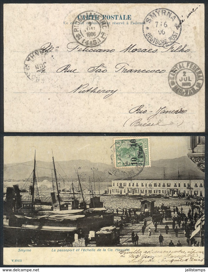 TURKEY: Postcard (view Of Smyrna: Le Passeport El L'echelle De La Cie. Hamidié) Franked With 20pa. Stamp Of The German P - Lettres & Documents