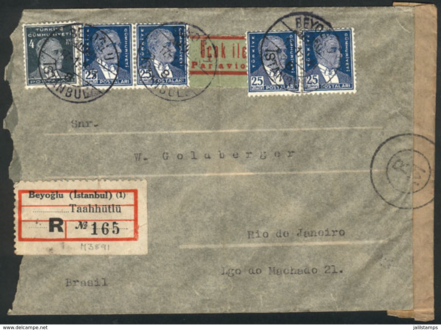 TURKEY: Registered Airmail Cover Sent From BEYOGLU To Rio De Janeiro On 17/JA/1941, Censored, Unusual Destination, Very  - Covers & Documents