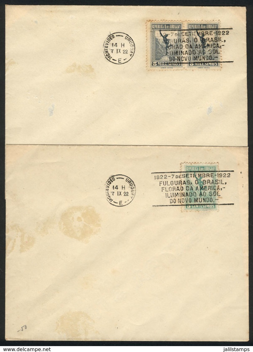 URUGUAY: 2 Covers With Postmarks Of 7/SE/1922 With Slogans Paying Tribute To Brazil, With Fragment Of The National Anthe - Uruguay