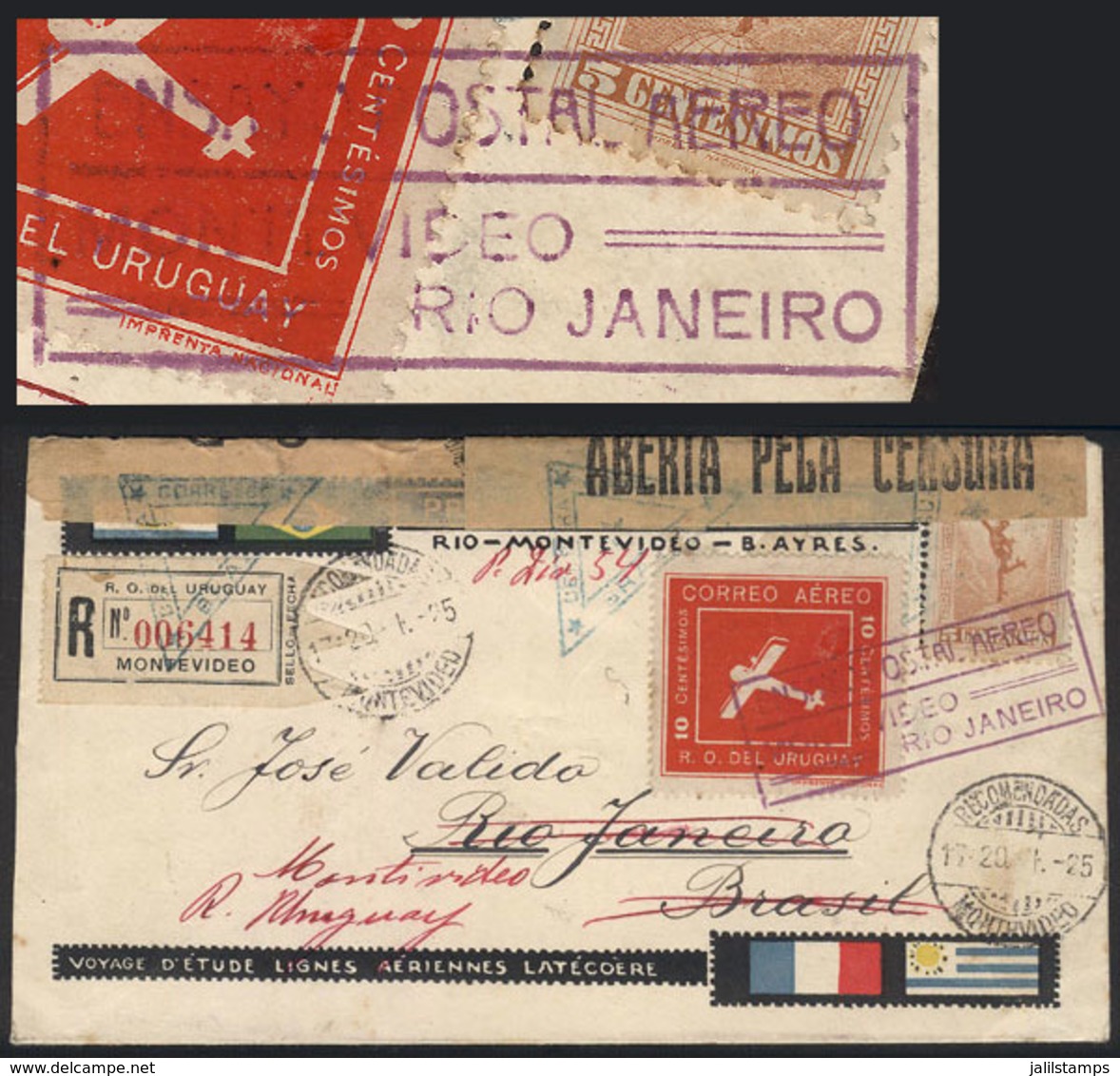 URUGUAY: 20/JA/1925 Montevideo - Rio De Janeiro: "ENSAYO POSTAL AÉREO", Registered Cover With Special Violet Handstamp,  - Uruguay