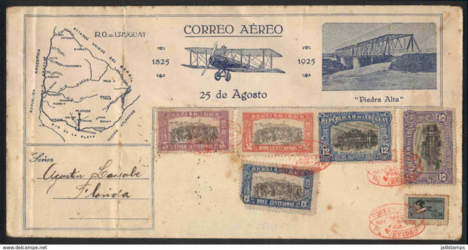 URUGUAY: 25/AU/1925 Montevideo - Florida, Special Flight, Cover With Nice Illustrations And Colorful Postage, With Some  - Uruguay