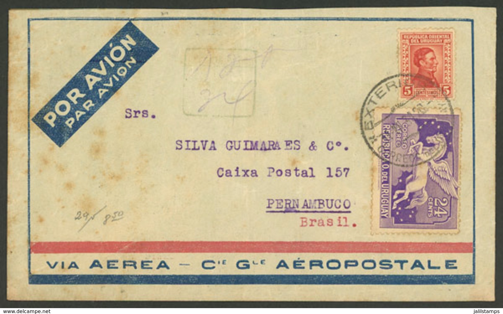 URUGUAY: 31/JUL/1931 Montevideo - Pernambuco (Brazil): Airmail Cover Carried By AEROPOSTALE, Franked With 29c., Very Nic - Uruguay