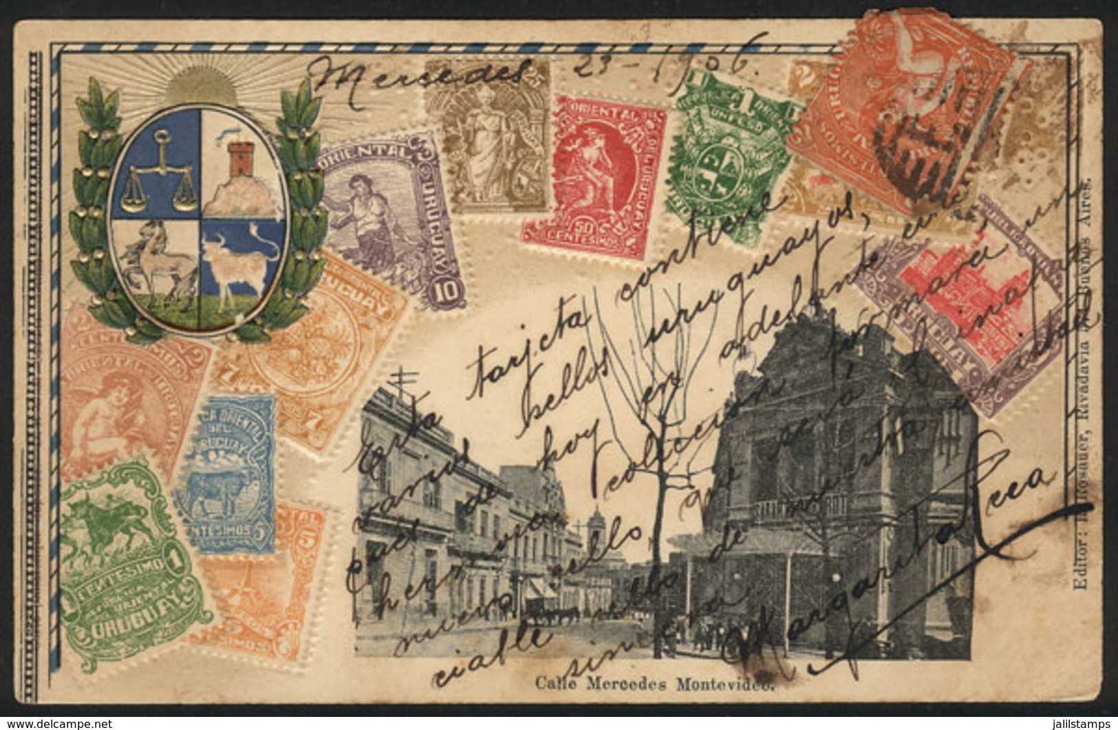 URUGUAY: Beautiful PC Illustrated With Old Postage Stamps And Mercedes Street In Montevideo, Sent To Buenos Aires In 190 - Uruguay