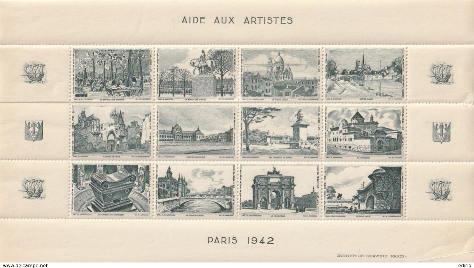 LOT Erinophilie - FRANCE - Erinnophilie - 5 Feuilles Aide Aux Artistes - Paris 1942 - Quelques Adhérences - Tourism (Labels)