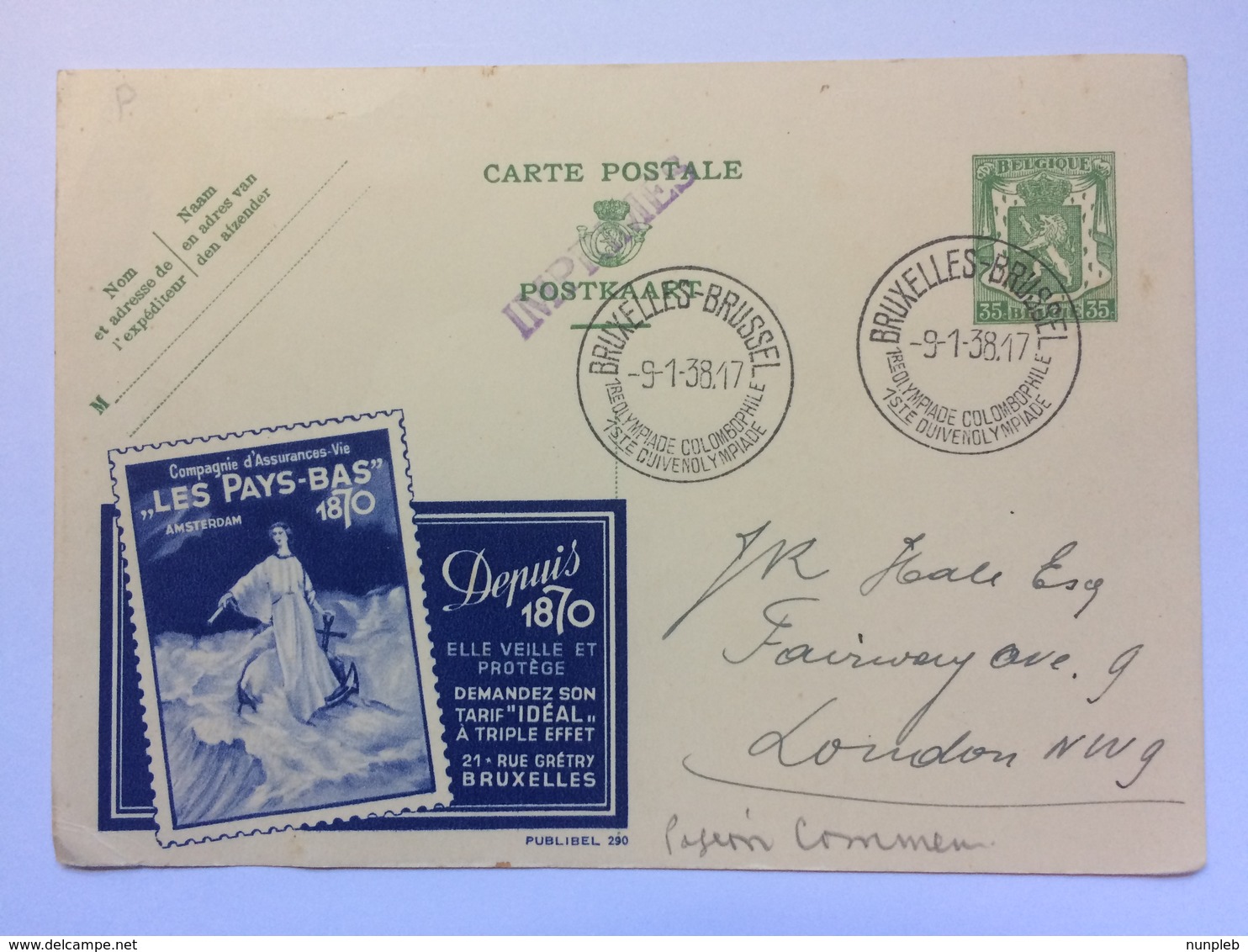 BELGIUM - 1938 Carte Postale  Imprimme With Handstamp For Pigeon Olympics - Olympiade Colombophile - Illustrated - Covers & Documents