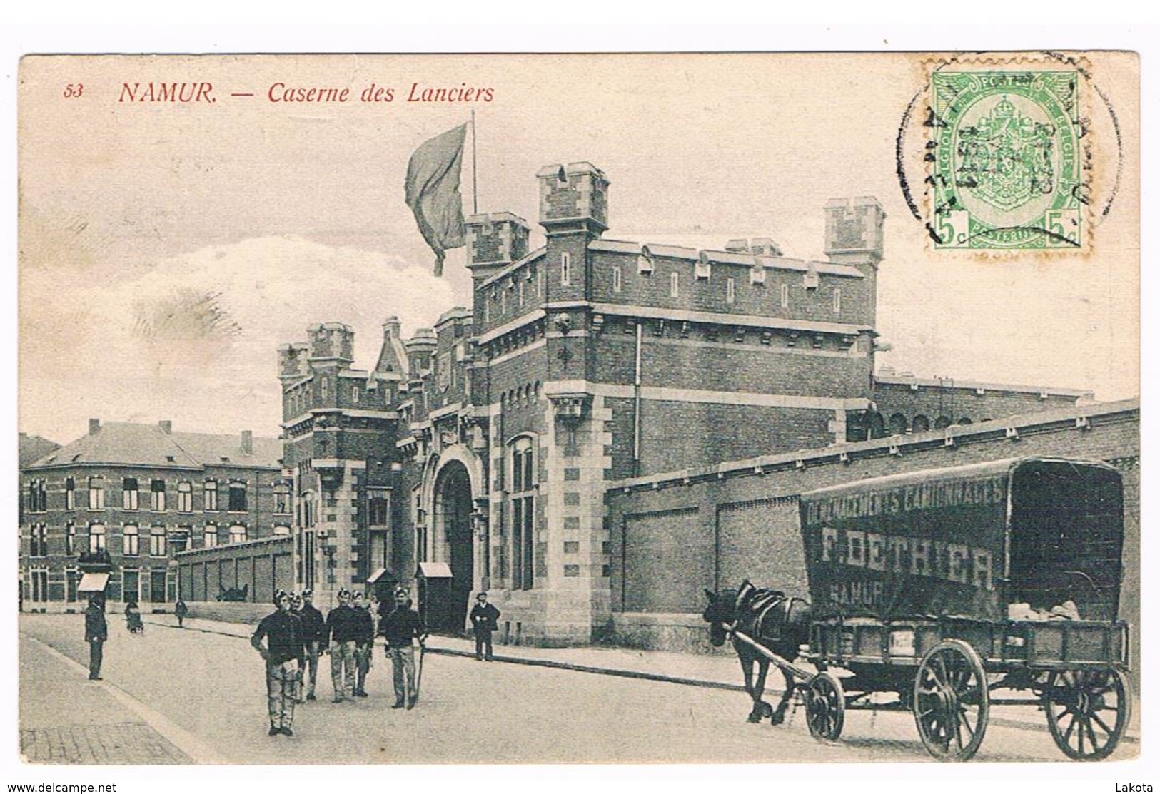 CPA : NAMUR - Caserne Des Lanciers , Rue Rogier, Attelage Déménagements Dethier , Militaires - Namur