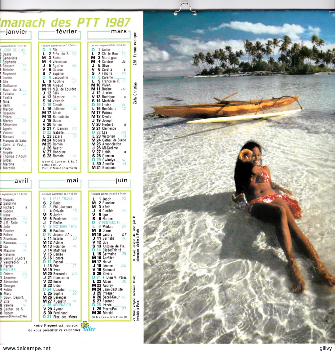 FEMME EXOTIQUE / TAHITI - Calendrier Des Postes 1987 - Grand Format : 1981-90