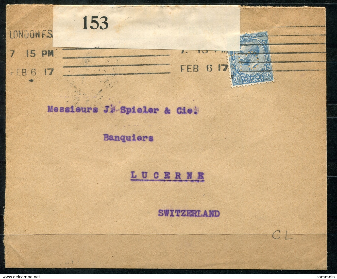 4282 - UNITED KINGDOM - Zensur-Brief Von London Nach Luzern Mit Perfin "CL" (kopfstehend) - Altri & Non Classificati