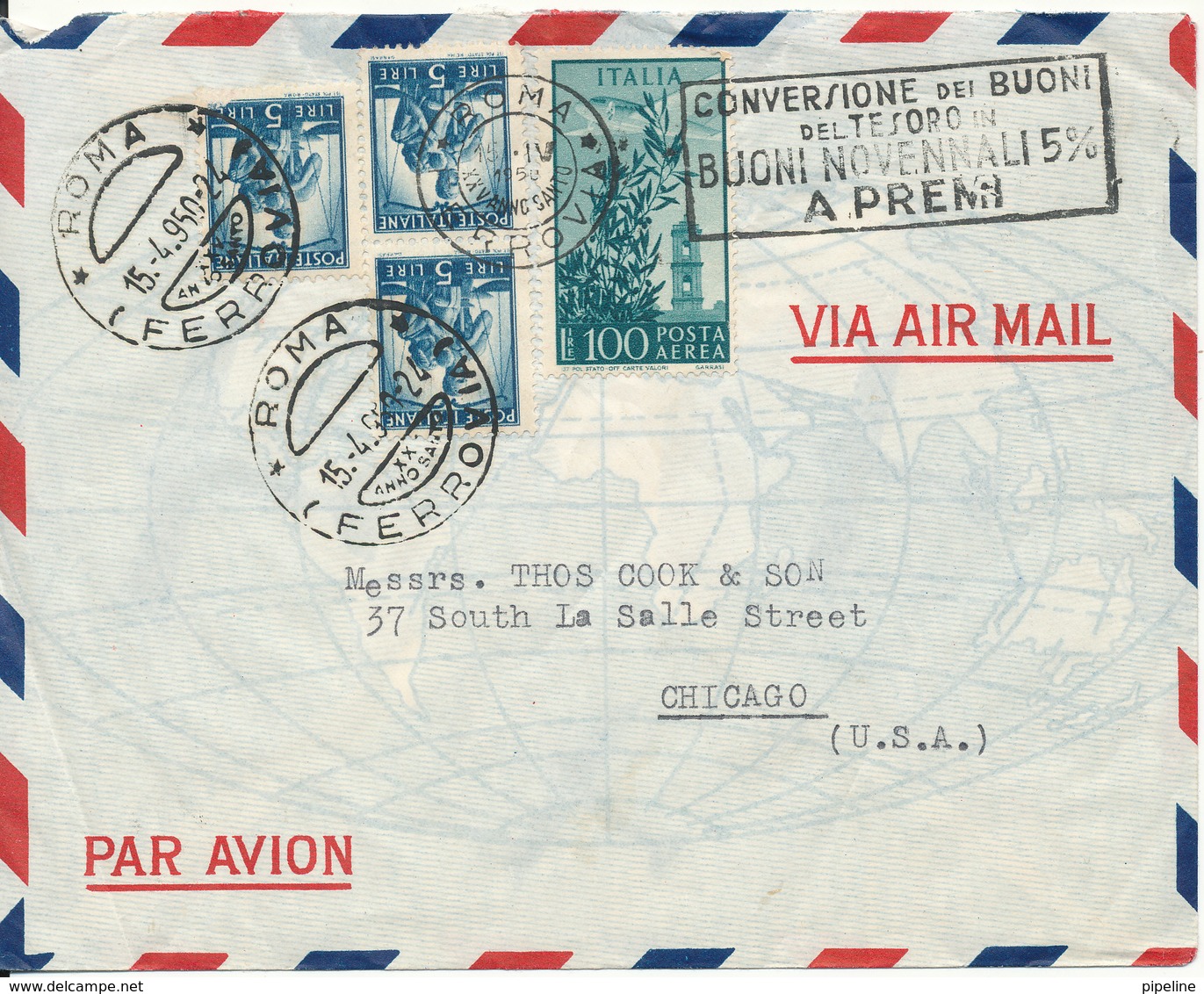 Italy Air Mail Cover Sent To USA Roma 15-4-1950 - Poste Aérienne