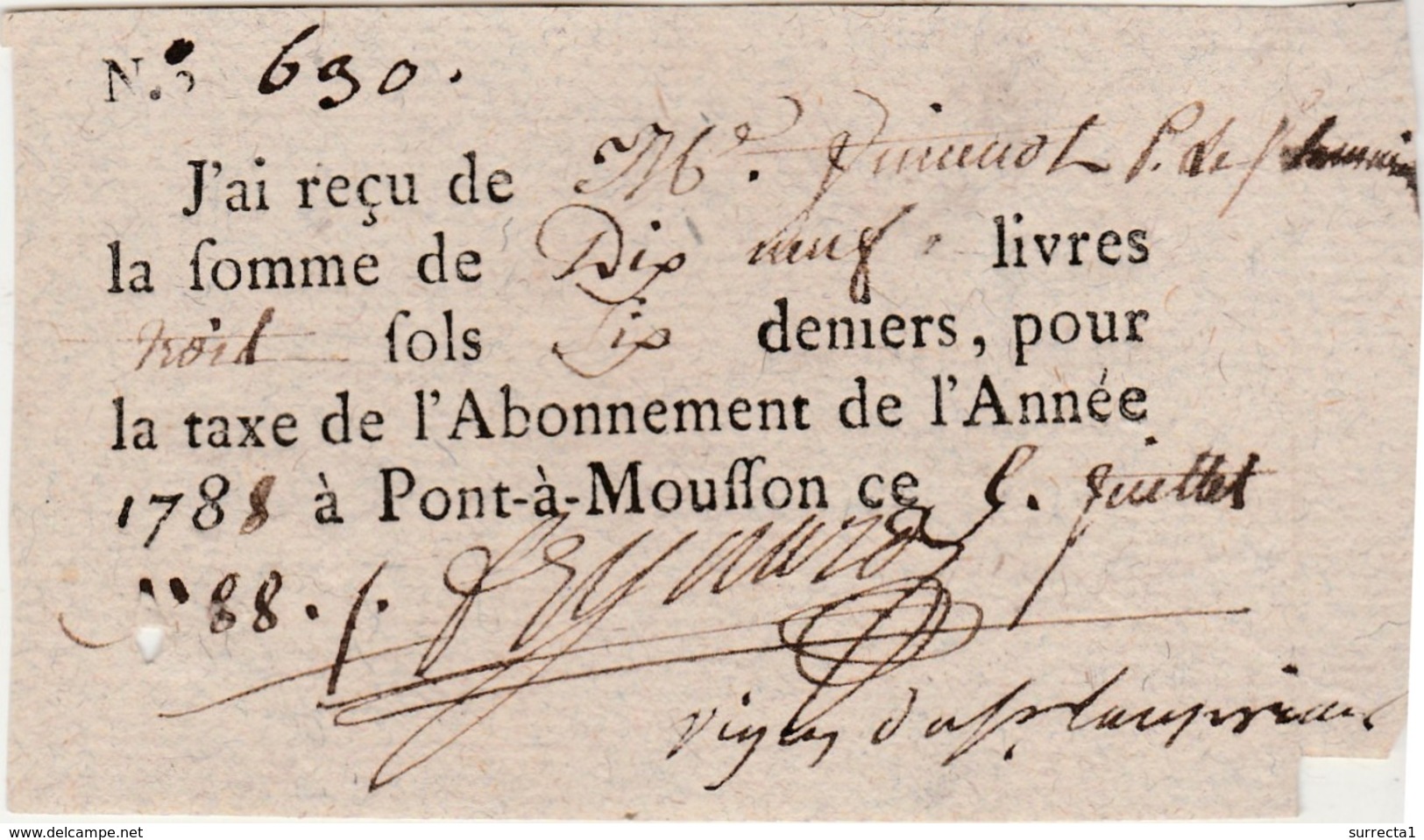 Petit Reçu N° 690 / Taxe / Impôt Sur Les Vignes ? / De 19 Livres 3 Sols 6 Deniers / 5 Juillet 1788 / Pont à Mousson 54 - Autres & Non Classés