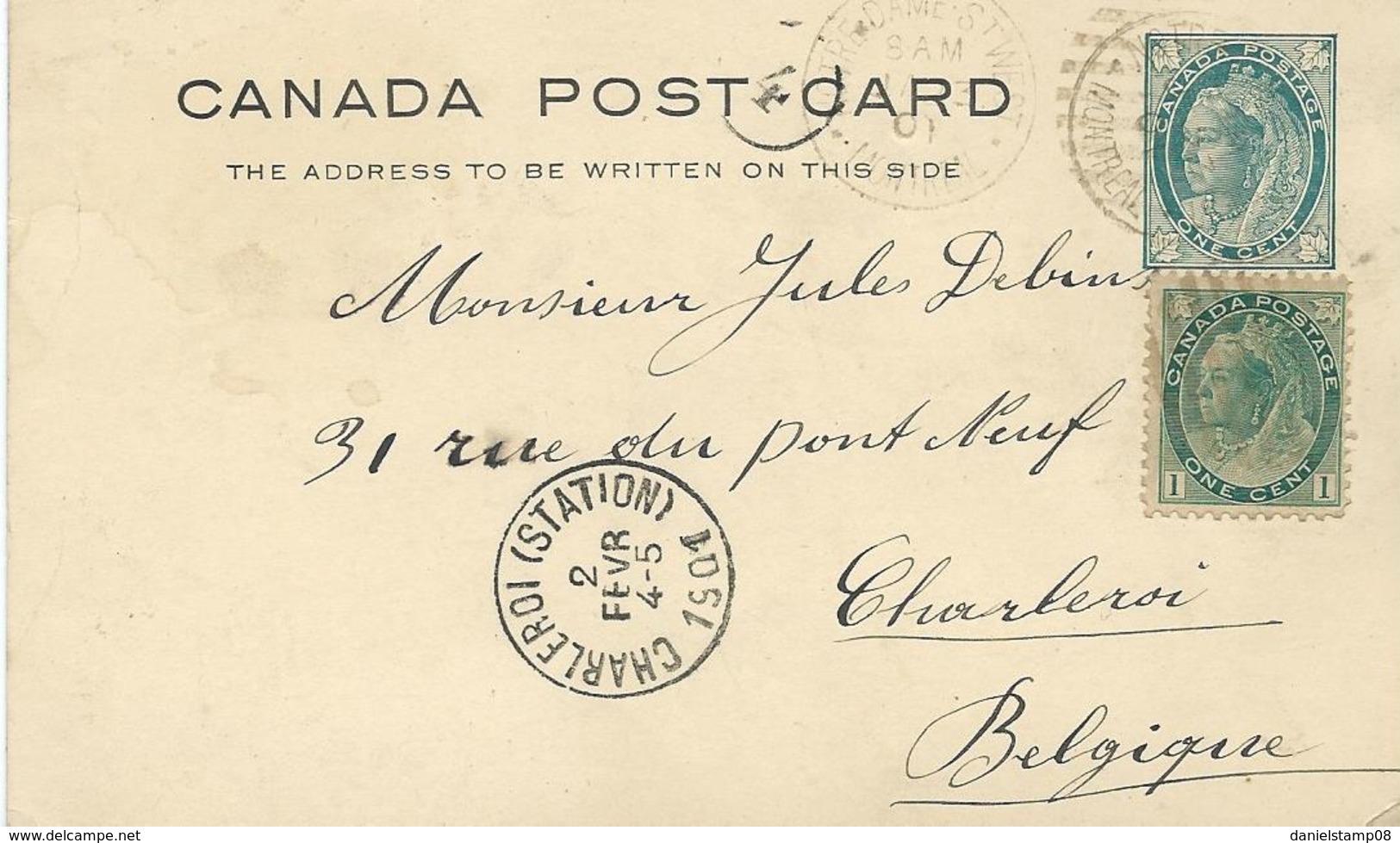 ENTIER POSTAL CANADA OOST CARD DE MONTREAL A CHARLEROI 1901 TRES BON ETAT - 1860-1899 Règne De Victoria