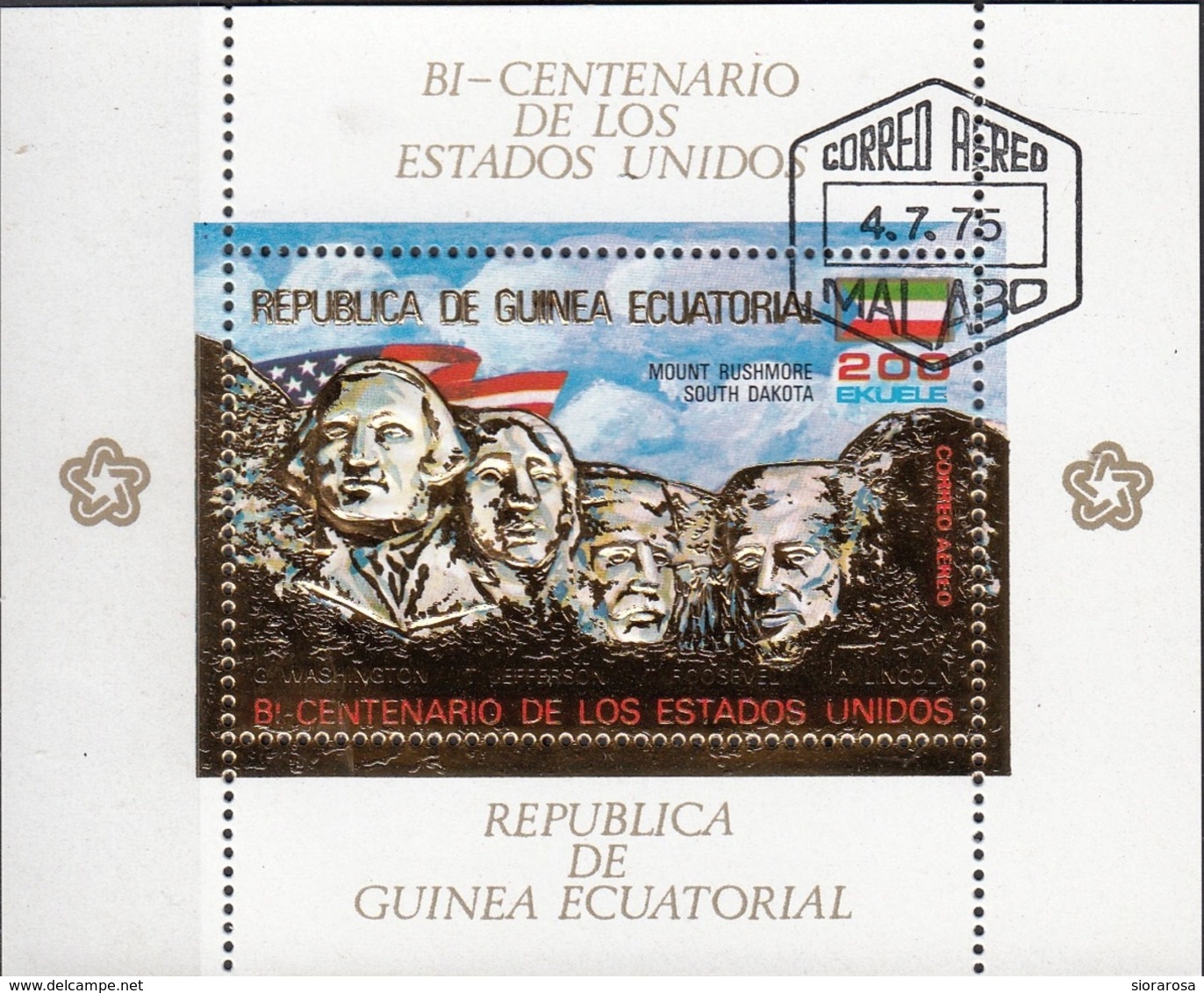 Guinea Equatoriale 1975 Bf. 179A Bicentenario Rushmore Dakota Lincoln Washington Ecuatorial Perf. CTO - Guinée Equatoriale