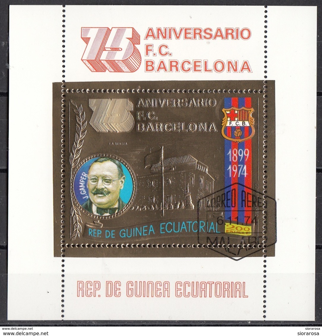 Guinea Equatoriale 1974 Bf. 137A Calcio Soccer 75° Anniv. F.C. Barcellona - J. Camper Ecuatorial Perf. CTO - Equatorial Guinea