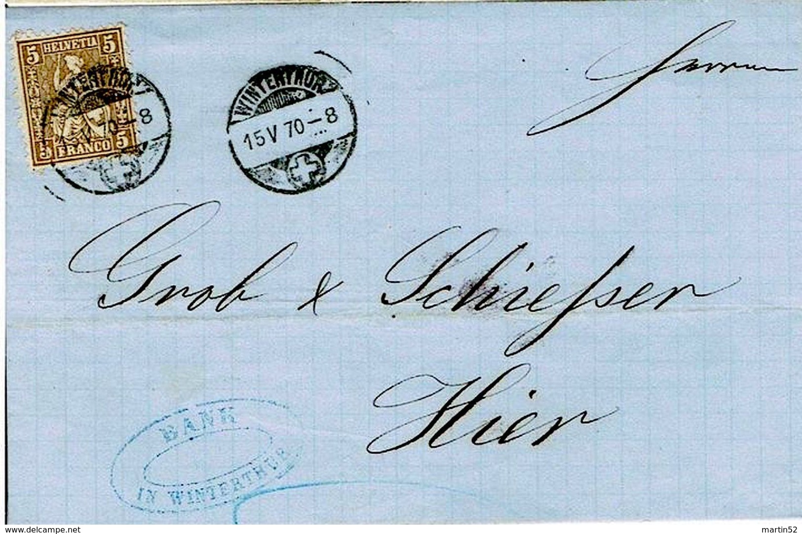 Schweiz Suisse 1870: HELVETIA 5c Braun Zu 30 Mi 22 Yv 35 BANK-Orts-Falt-Brief O WINTERTHUR 15.V.70 (Zu CHF 5.00) - Storia Postale