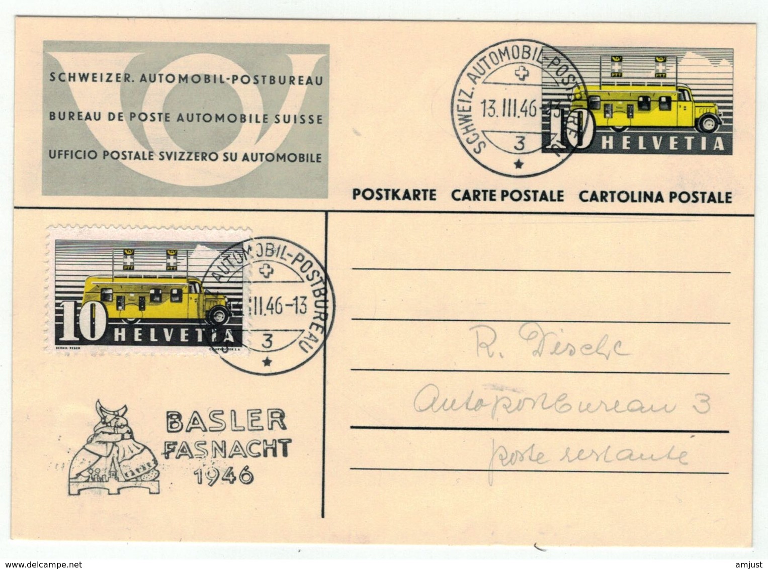 Suisse // Schweiz // Switzerland // Entiers Postaux // Entier Postal , Cachet Poste Automobile Basler Fasnacht - Postwaardestukken