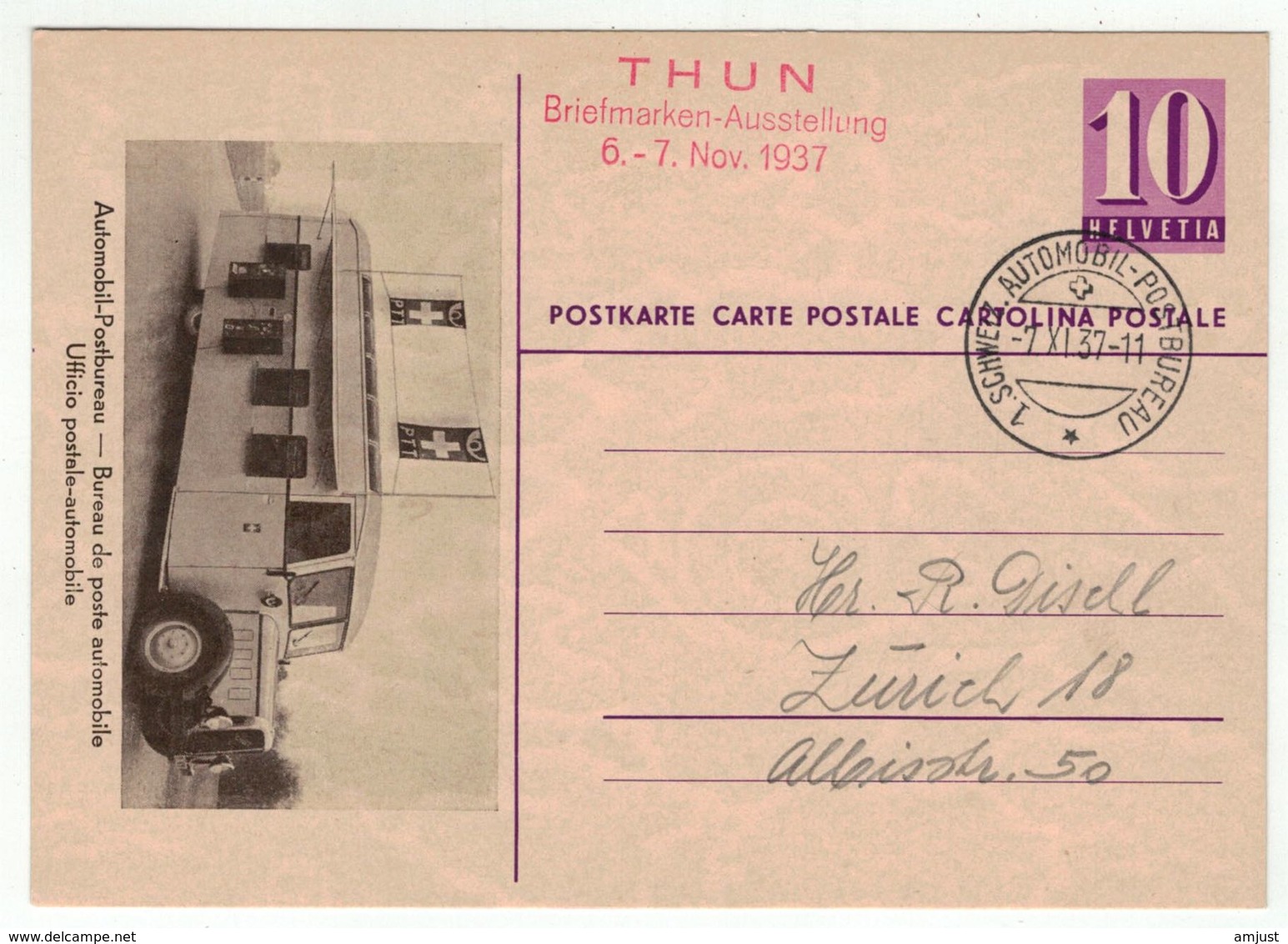 Suisse // Schweiz // Switzerland // Entiers Postaux // Entier Postal, Cachet Poste Automobile Thun - Entiers Postaux