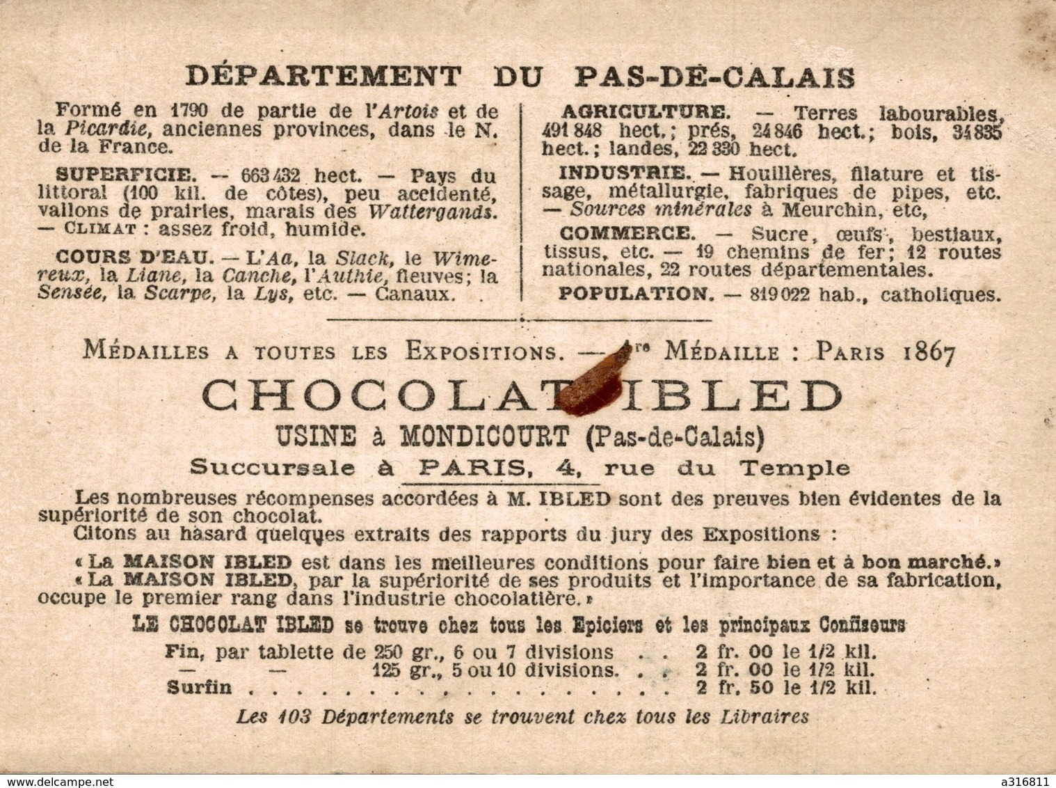 CHROMO CHOCOLAT IBLED  PAS DE CALAIS - Ibled