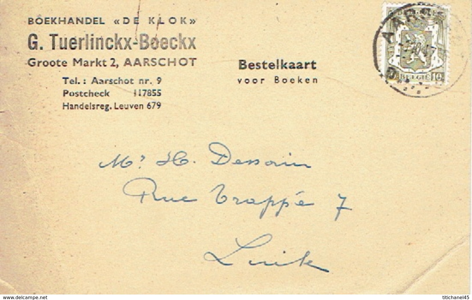 Postkaart Publicitaire 1947 AARSCHOT- "DE KLOK" - G. TUERLINCKX-BOECKX - Boekhandel - Aarschot