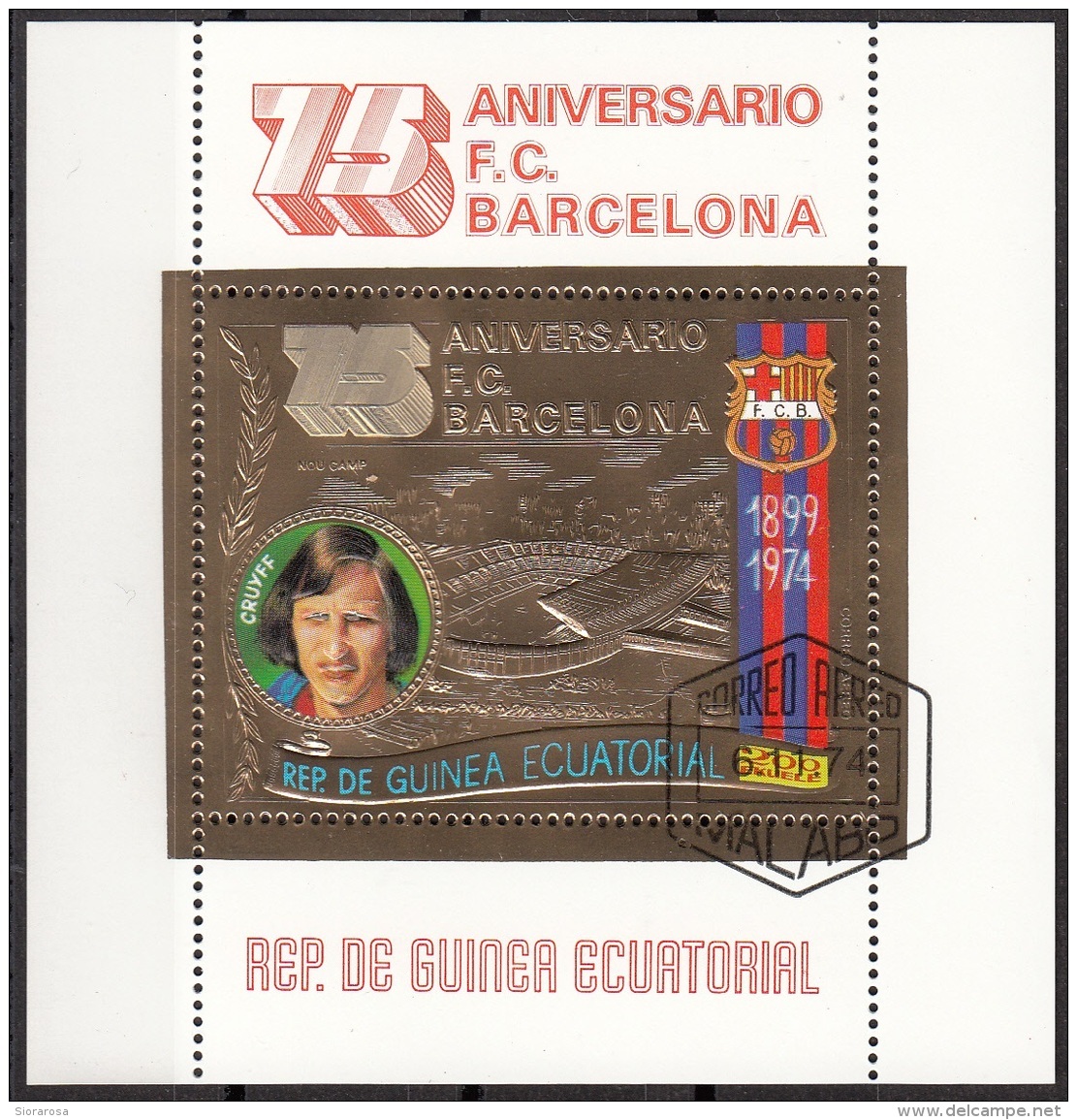 Bf. 136 Guinea Equatoriale 1974 Calcio Soccer - 75° Anniv. F.C. Barcellona - Johan Cruyff. Ecuatorial CTO Gold - Guinea Equatoriale