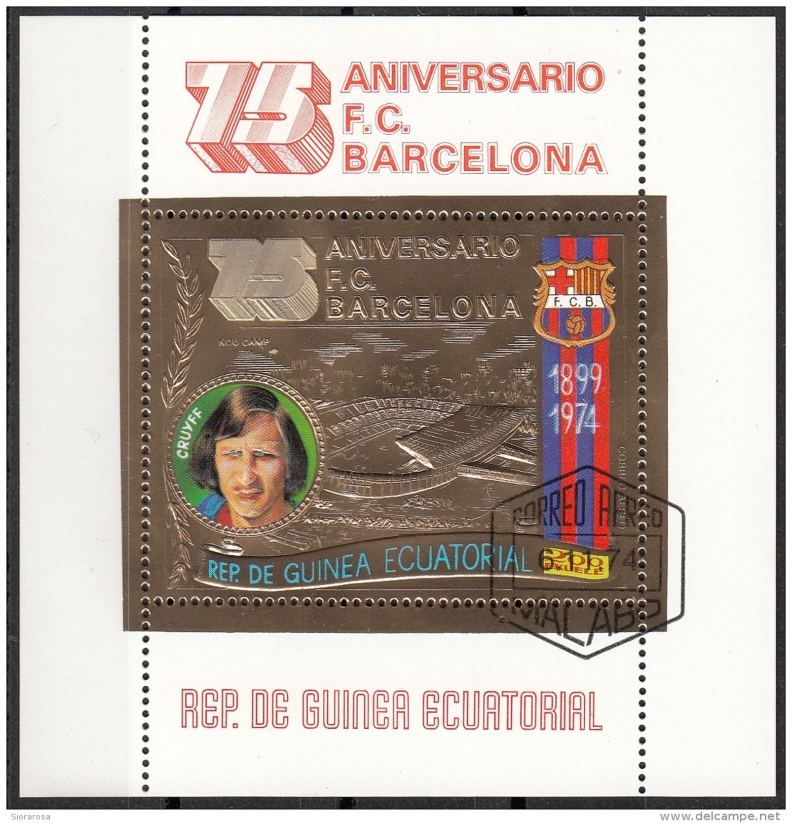 Bf. 136 Guinea Equatoriale 1974 Calcio Soccer - 75° Anniv. F.C. Barcellona - Johan Cruyff. Ecuatorial CTO Gold - Famous Clubs