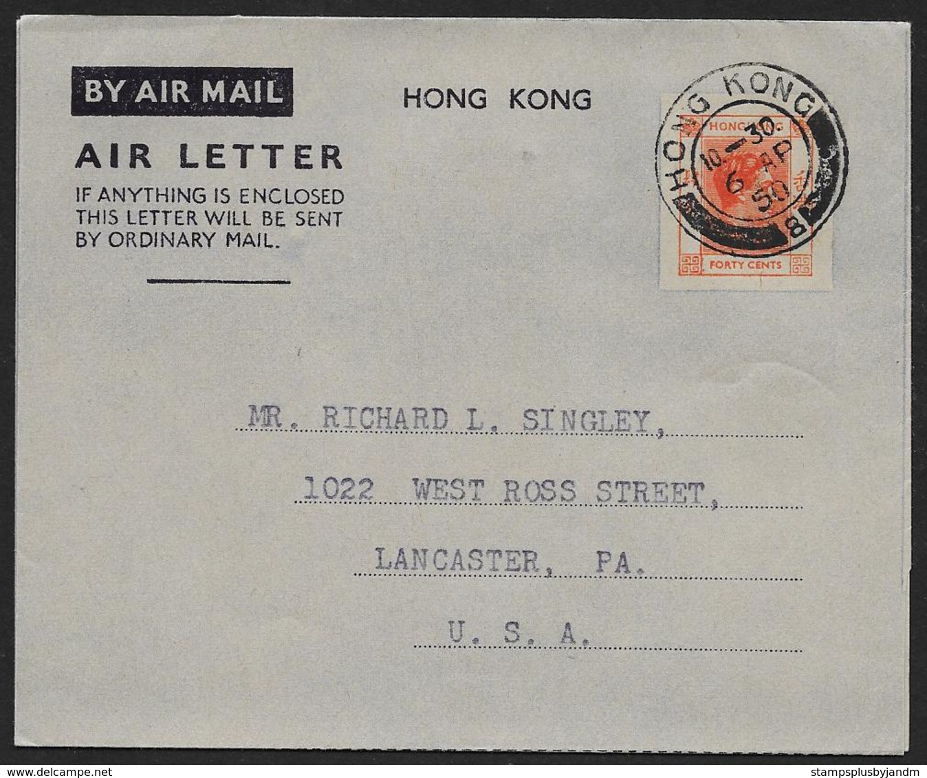 HONG KONG Aerogramme 40¢ King 1950 Cancel To USA! STK#X21239 - Interi Postali