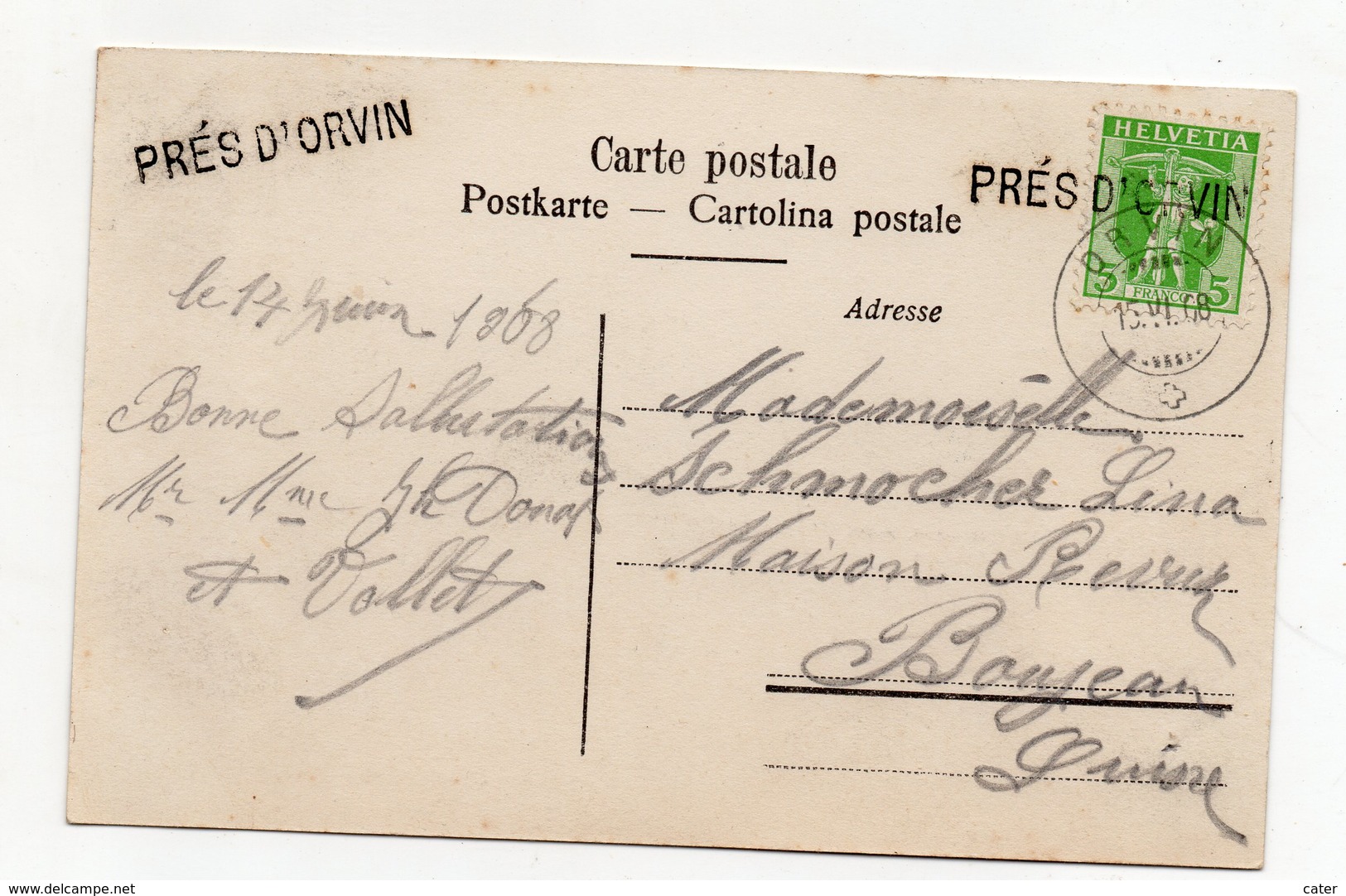 Canton Berne Orvin 1908 Carte Postale Bon état Restaurant Vilars - Berna