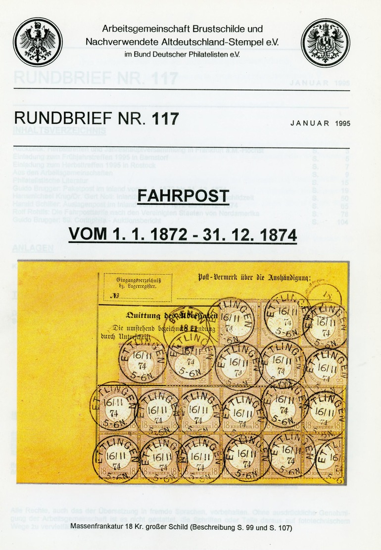 ArGe Brustschilde + Nachverwendete Altdeutschland-Stempel Rundbrief 117 /1995 - Fahrpost 1. 1. 1872 - 31. 12. 1872 - Filatelie En Postgeschiedenis