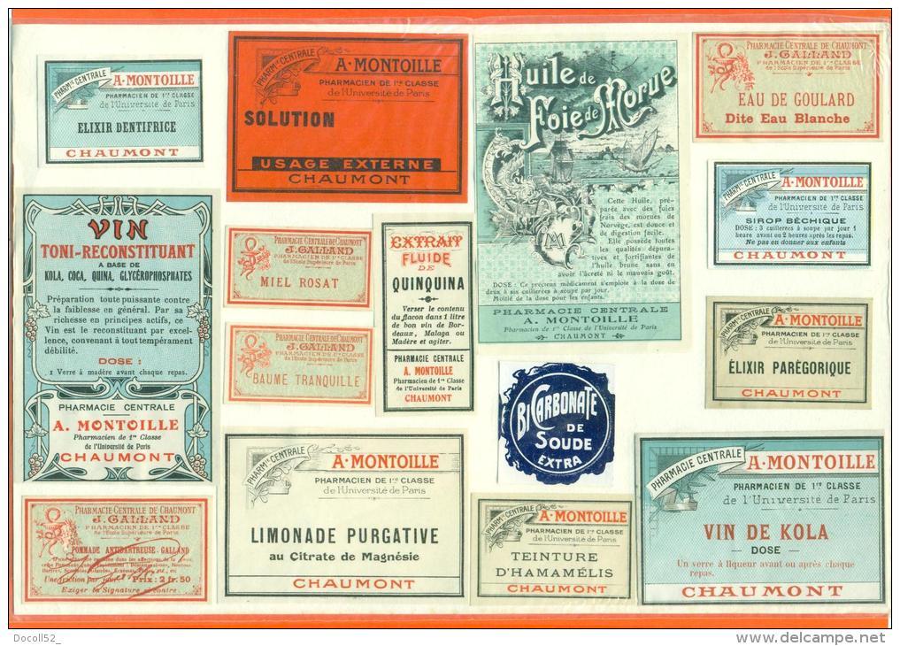 52  - Chaumont  "  Pharmacie Centrale Montoille - Etiquettes De Flacons  " 15 Etiquettes Sur Charnieres - Autres & Non Classés