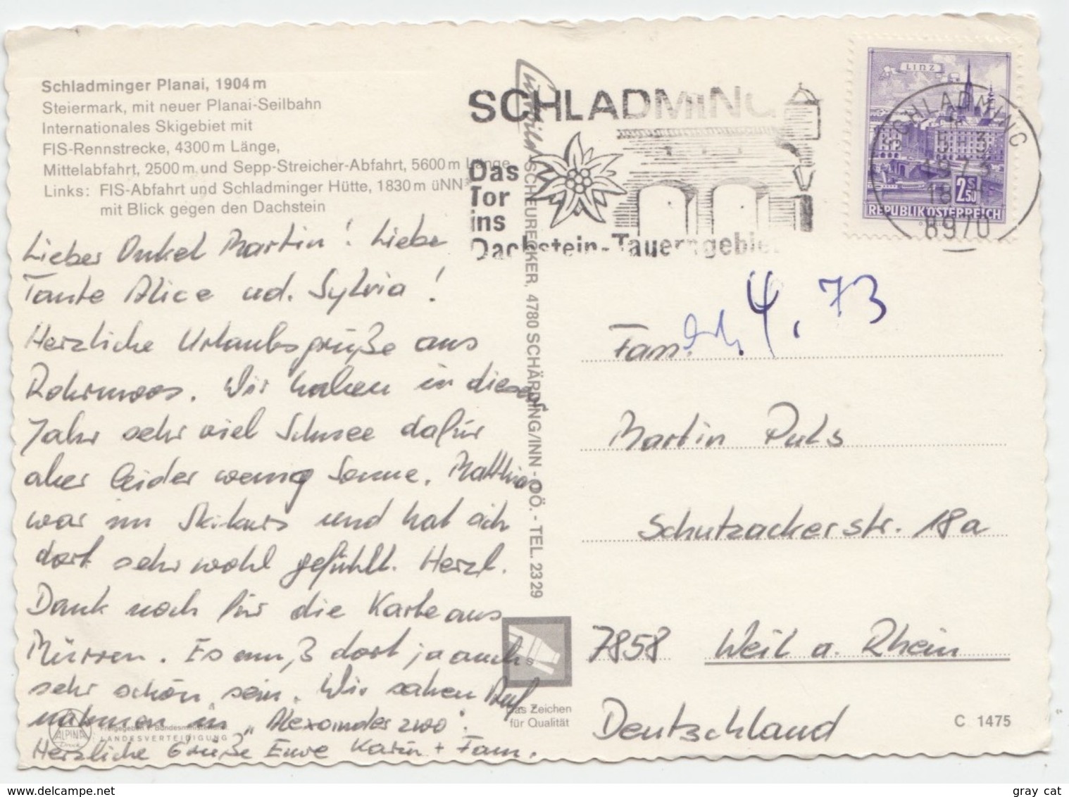 Planai, Schladminger, Austria, 1973 Used Postcard [22006] - Schladming