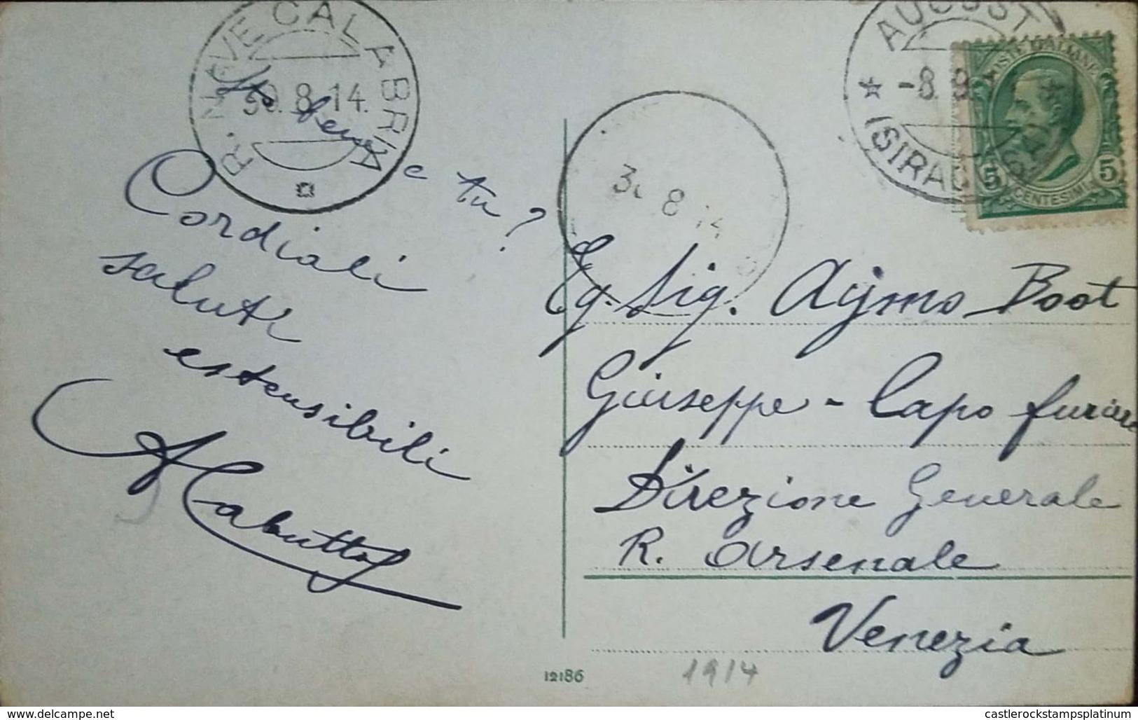 O) 1914 ITALY, KING EMMANUEL III 5c SCT 94 5c Green, POSTAL CARD FROM SIRACUSA TO VENICE, XF - Otros & Sin Clasificación