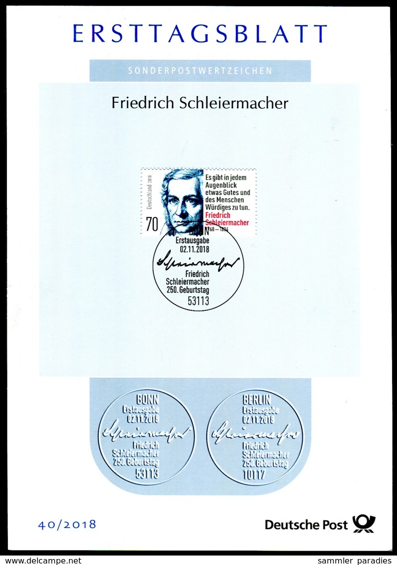 BRD - 2018 ETB 40/2018 - Mi 3419 - 70C            Friedrich Schleiermacher - Ungebraucht