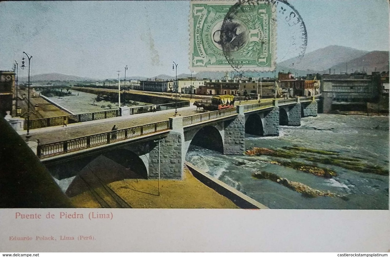 O) 1901 PERU, ADMIRAL MIGUEL L. GRAU SCT 161 1c Green -CONMEMORATIVA DEL SIGLO XX, ​STONE BRIDGE-RIMAC RIVER, POSTAL CAR - Peru