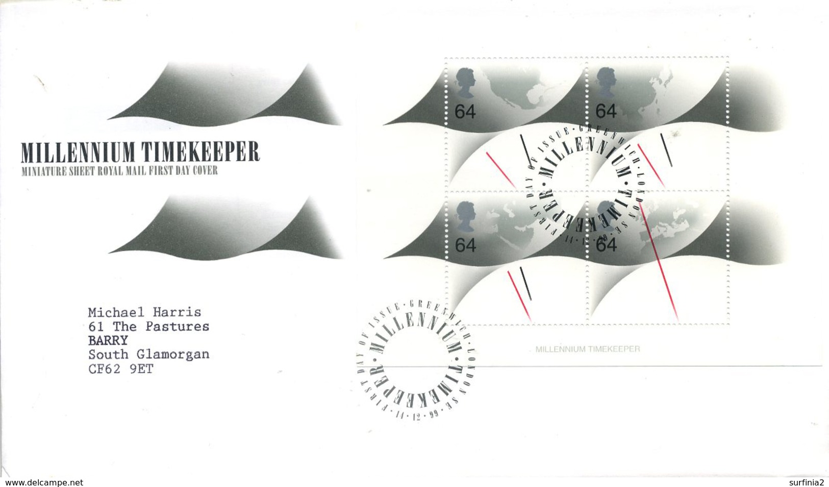 FIRST DAY COVER - 1999 - MILLENNIUM TIMEKEEPER MINI-SHEET - With GREENWICH P/M Cov36 - 1991-2000 Decimal Issues