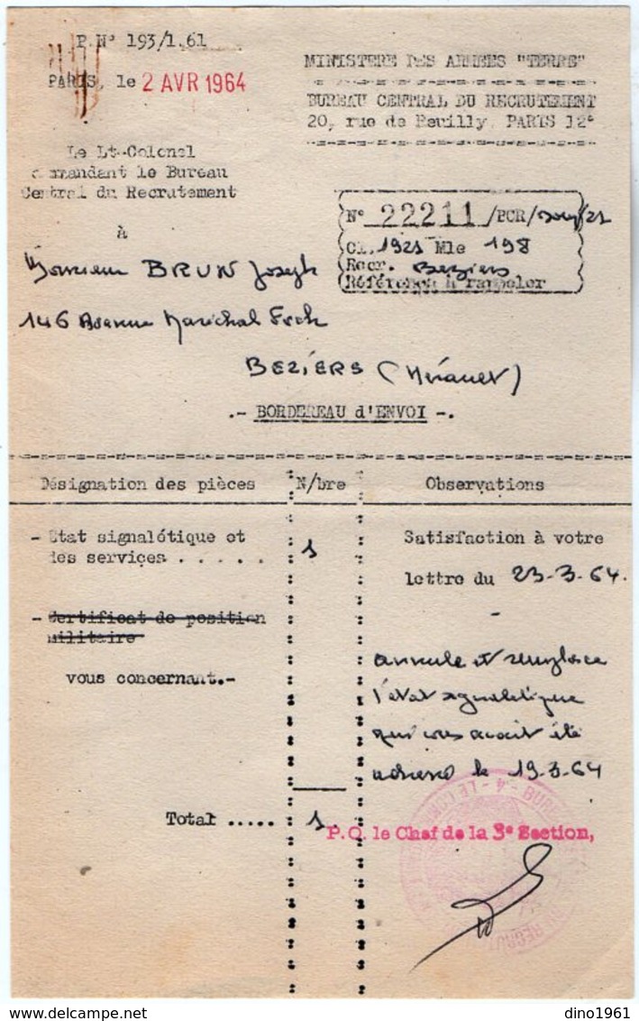 VP13.240 - PARIS 1964 - Lettre Du Ministère Des Armées De Terre à Mr BRUN Professeur à BEZIERS - Documents