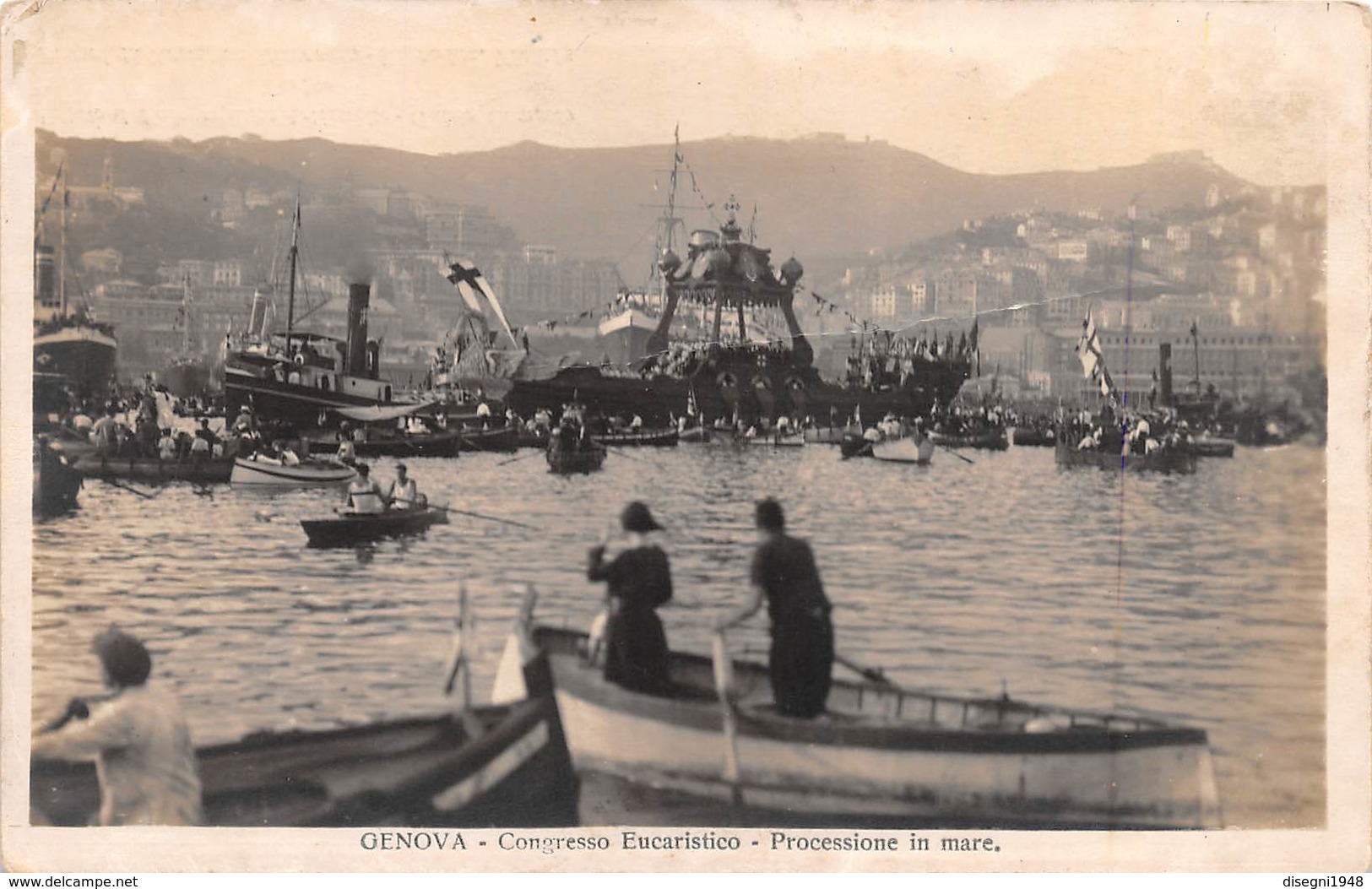 07566 "GENOVA - CONGRESSO EUCARISTICO - PROCESSIONE IN MARE" ANIMATA, BARCHE. CART. ORIG. NON SPED. - Demonstrations