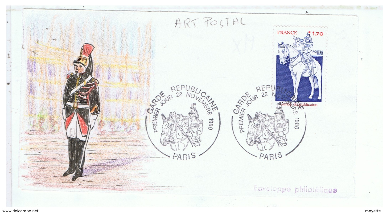 TIMBRE-1980-DEVANT D'ENVELOPPE AVEC TIMBRE DESSIN TAMPON GARDE REPUBLICAINE-1er JOUR 22 NOVEMBRE 1980-ART POSTAL - Autres & Non Classés