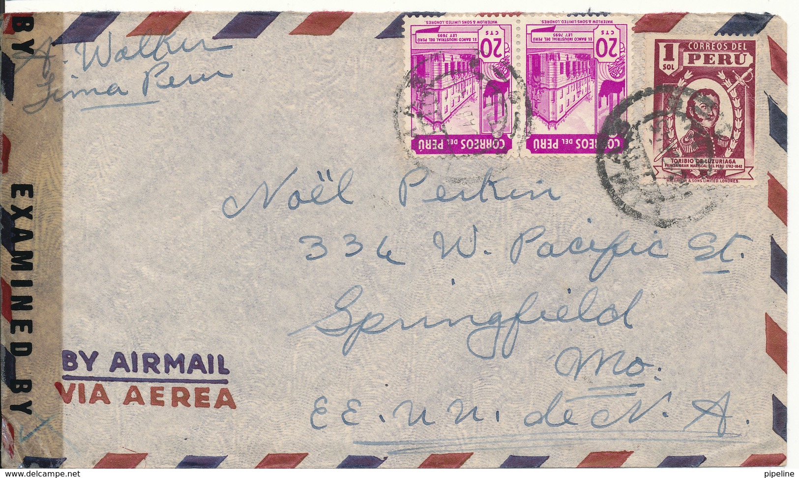 Peru Censored (30202) Air Mail Cover Sent To USA 1945 - Peru