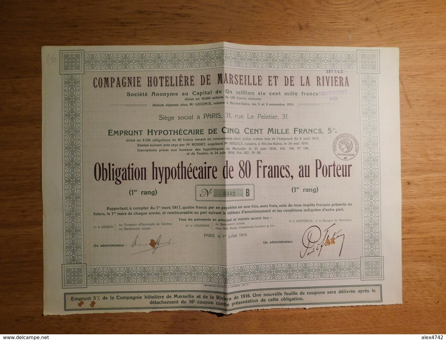 Compagnie Hôtelière De Marseille Et De La Riviera, Obligation Hypothécaire De 80 Francs    (Box1) - Autres & Non Classés