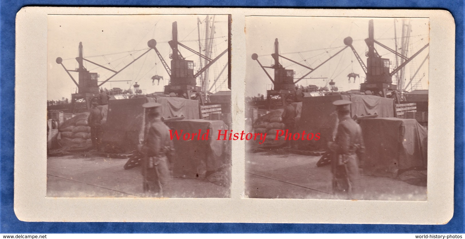 Photo Ancienne Stéréo - ROUEN - Soldats Britanniques Au Port Chargement D'un Cheval - TOP - British Army Royal WW1 Grue - Guerre, Militaire