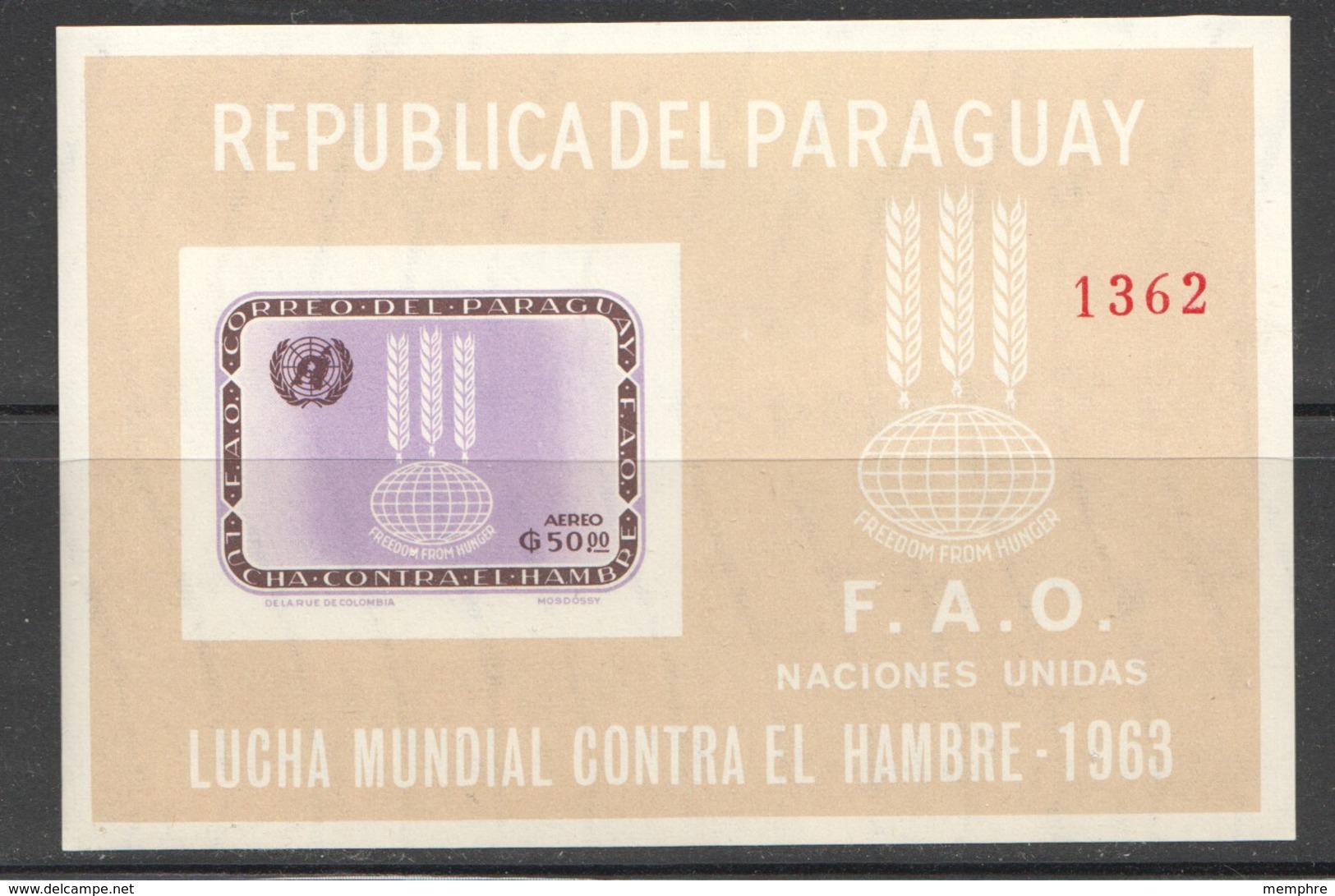 1963  Lutte Contre La Faim   - Bloc Feuillet  Non-dentelé ** - Paraguay