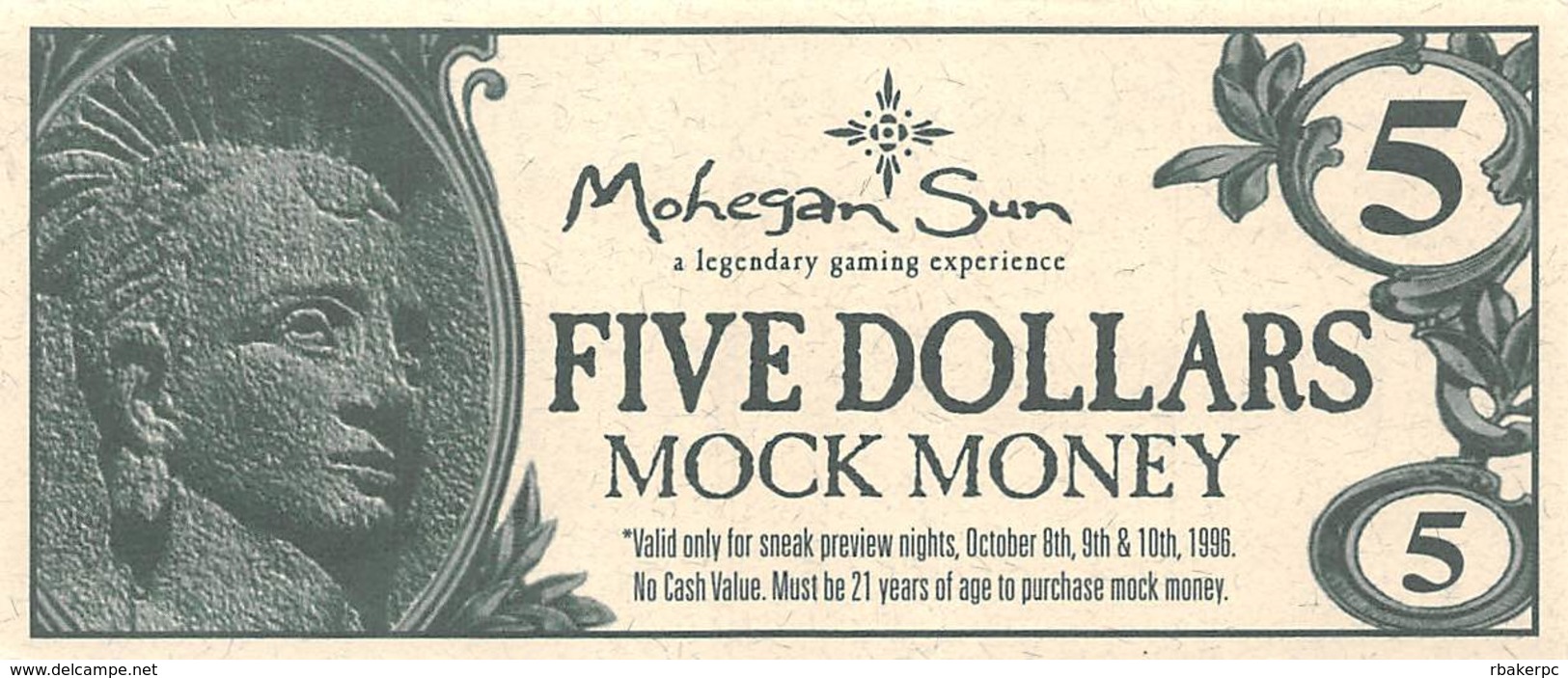 Mohegan Sun Casino - Uncasville, CT USA - $5 Mock Money Bill From Preview Night Oct 8-10, 1996 - Casino Cards