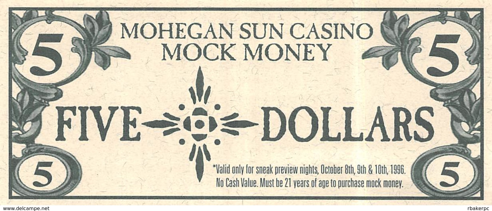 Mohegan Sun Casino - Uncasville, CT USA - $5 Mock Money Bill From Preview Night Oct 8-10, 1996 - Casino Cards