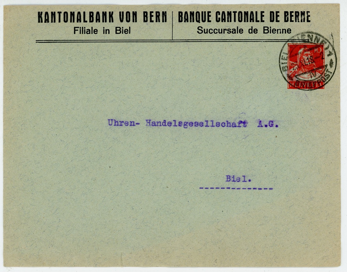 1918 10 C GSU "Tellbrustbild" Ortsbrief BIEL Der Kantonalbank - Ganzsachen