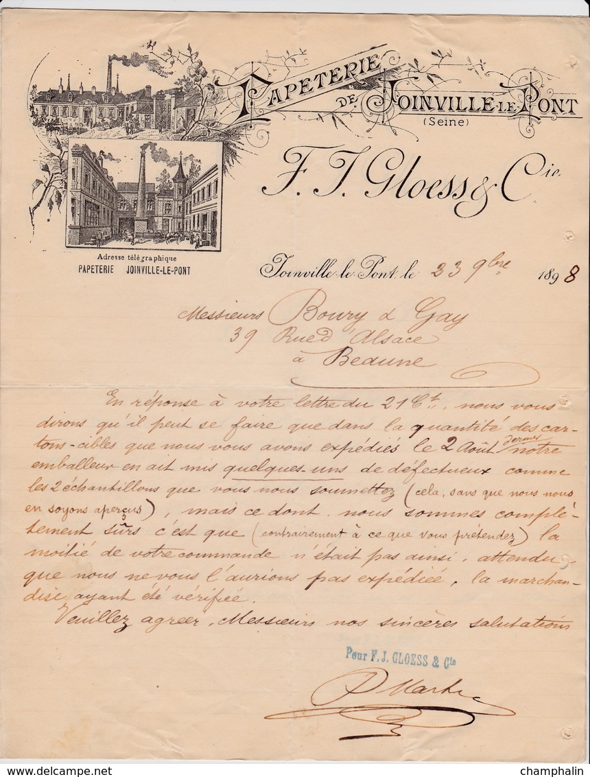 Lot 2 Lettres Commerciales De Joinville-le-Pont (94) Pour Beaune (21) - Novembre 1898 - Papéterie F.J. Gloess & Cie - 1800 – 1899