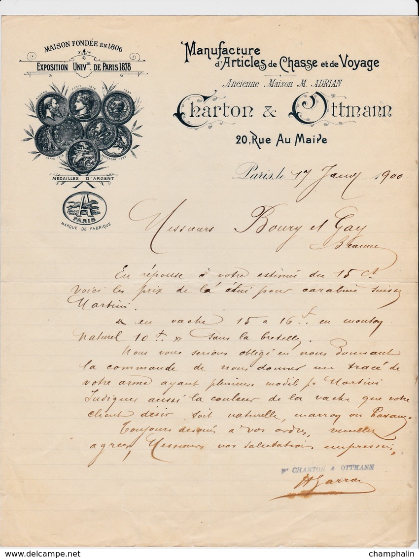 Lettre Commerciale De Paris (75) Pour Beaune (21) - 17 Janvier 1900 - Ets Charton & Ottmann - Articles Chasse & Voyage - 1900 – 1949